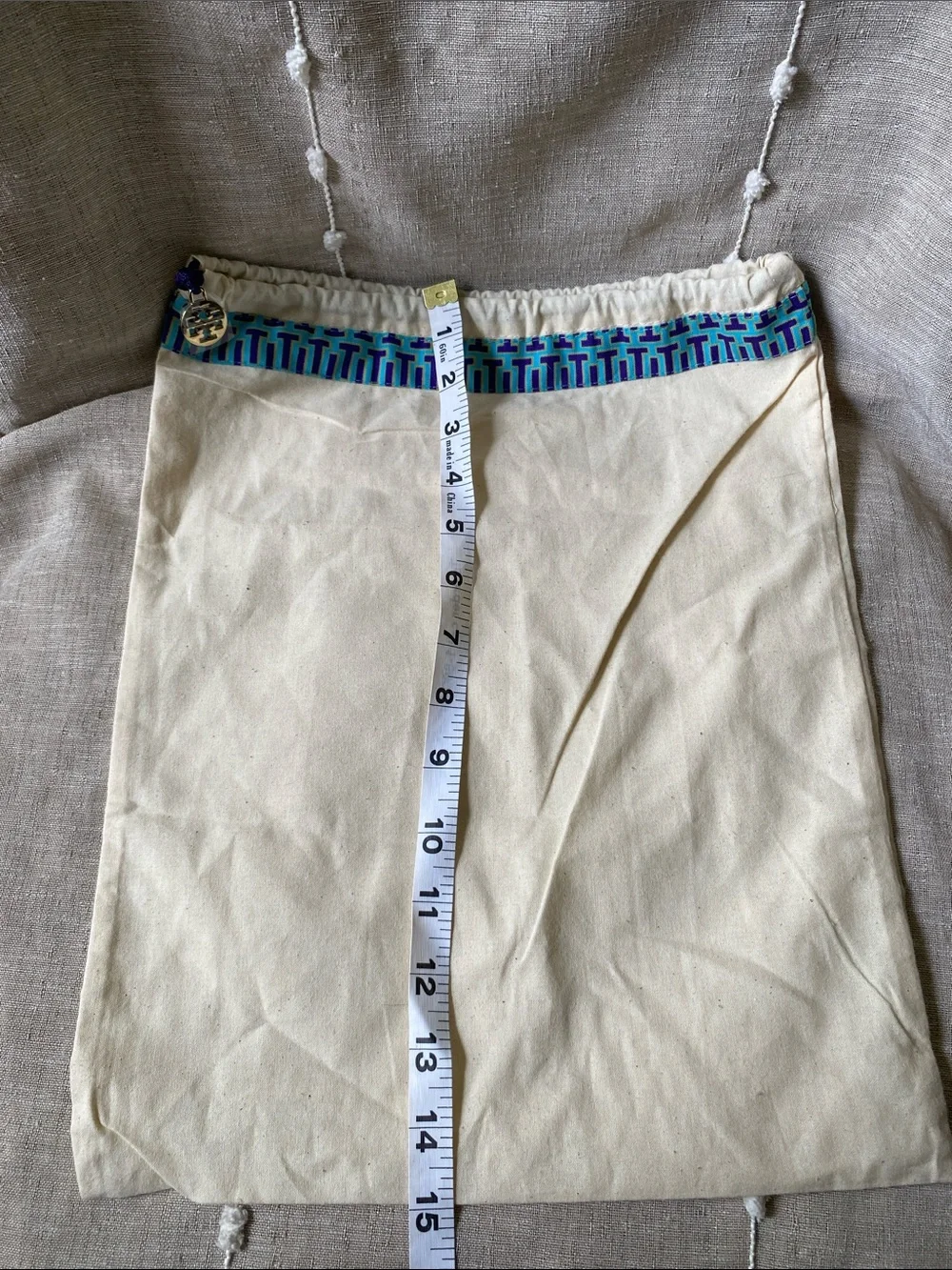 Tory Burch Canvas Drawstring Dust Bag with Blue & Teal Trim